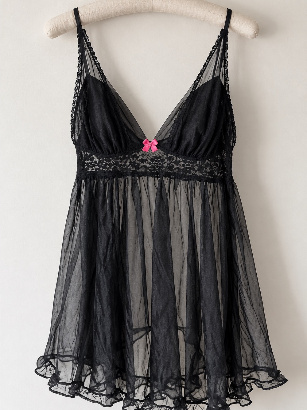 Betsey Johnson Black Sheer Lace Babydoll with Pink Bow Y2K